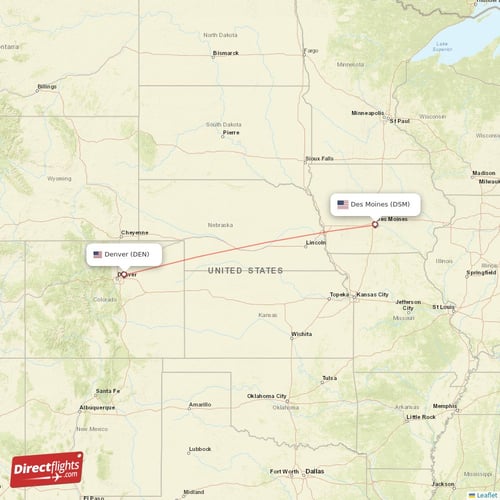 Denver - Des Moines direct flight map