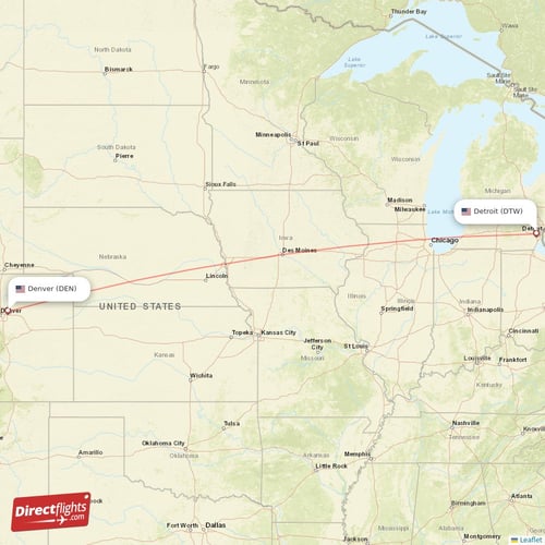 Denver - Detroit direct flight map
