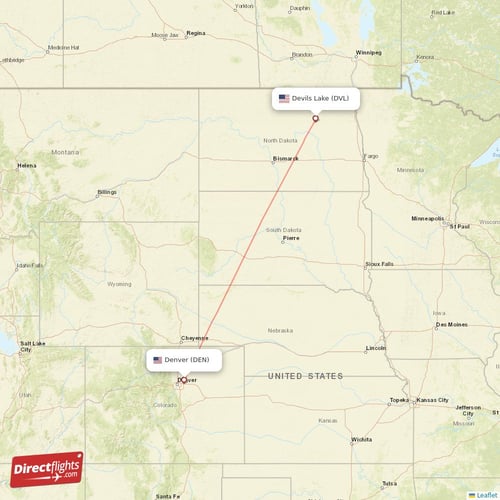 Denver - Devils Lake direct flight map