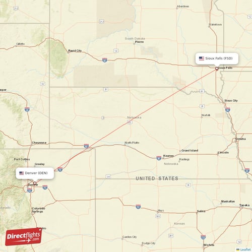 Denver - Sioux Falls direct flight map