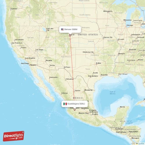 Denver - Guadalajara direct flight map