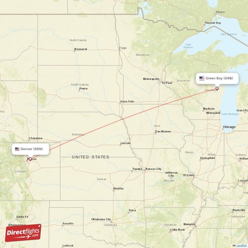 Denver - Green Bay direct flight map
