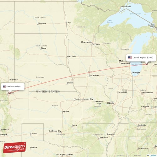 Denver - Grand Rapids direct flight map