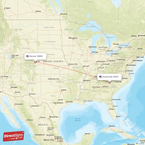 Denver - Greenville direct flight map
