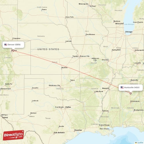 Denver - Huntsville direct flight map