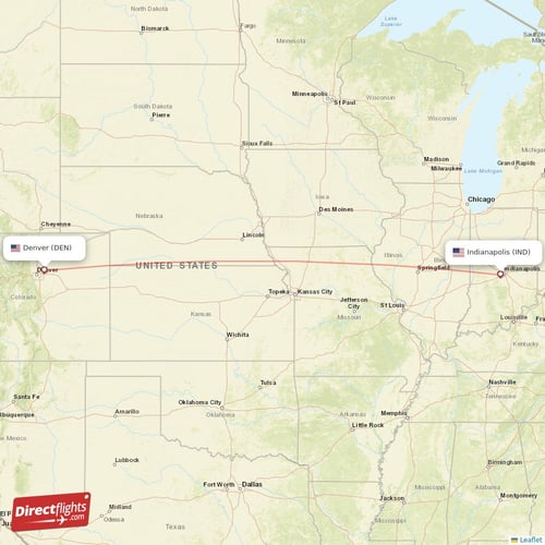 Denver - Indianapolis direct flight map