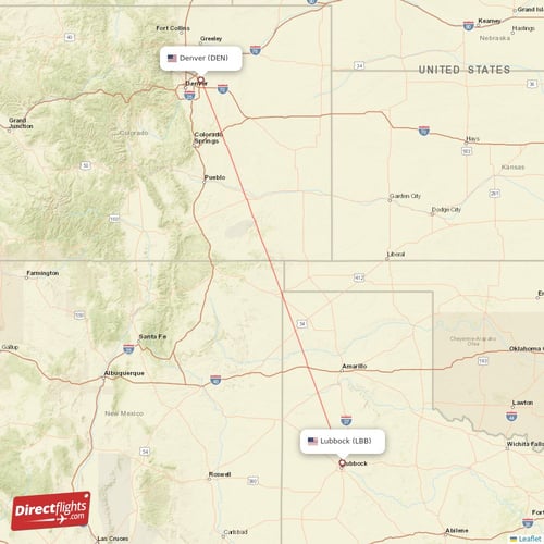 Denver - Lubbock direct flight map