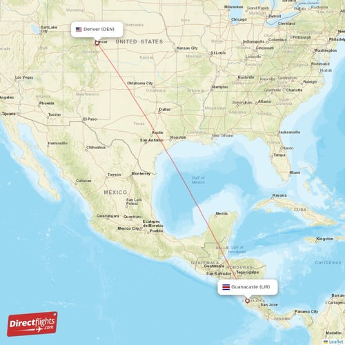 Denver - Guanacaste direct flight map