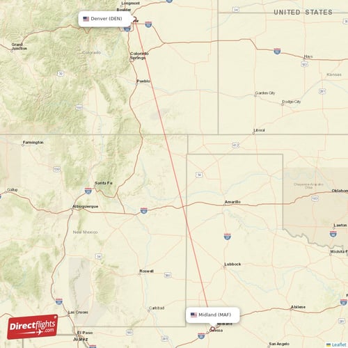 Denver - Midland direct flight map