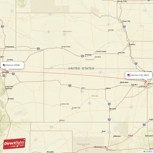 Denver - Kansas City direct flight map