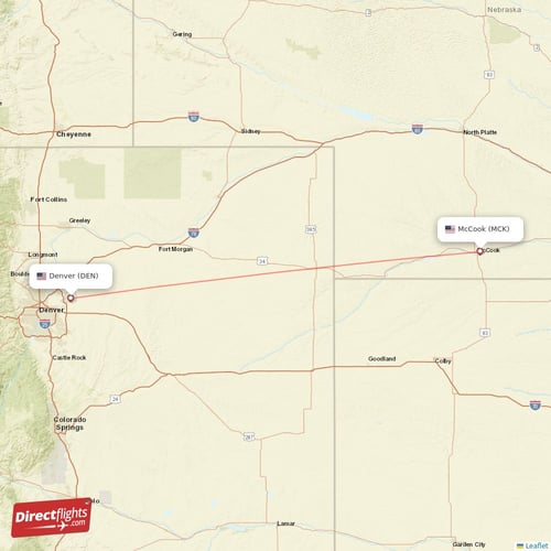 Denver - McCook direct flight map