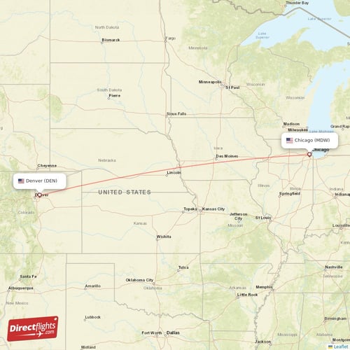 Denver - Chicago direct flight map