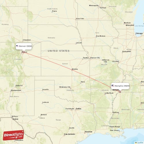 Denver - Memphis direct flight map