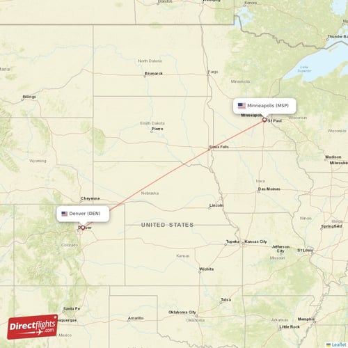 Denver - Minneapolis direct flight map