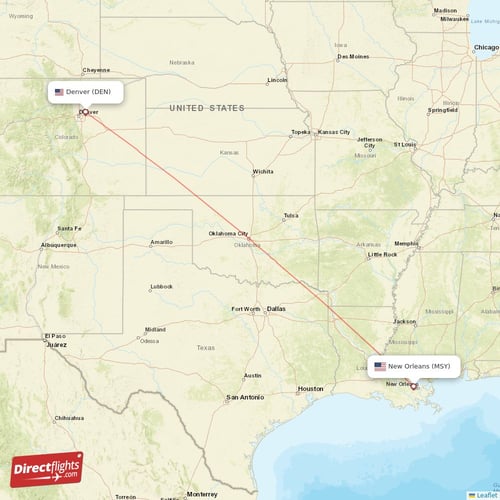 Denver - New Orleans direct flight map