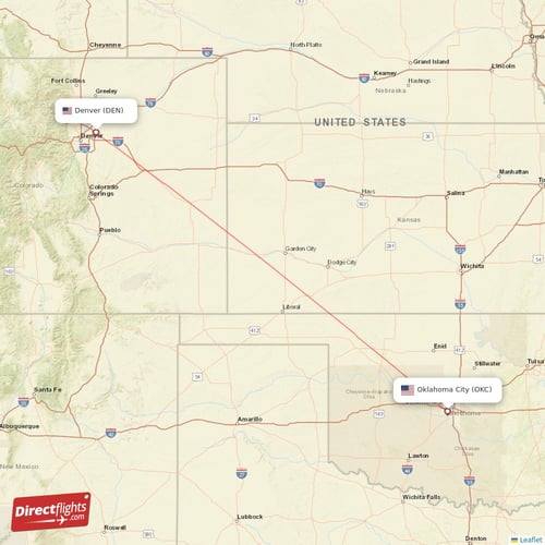 Denver - Oklahoma City direct flight map