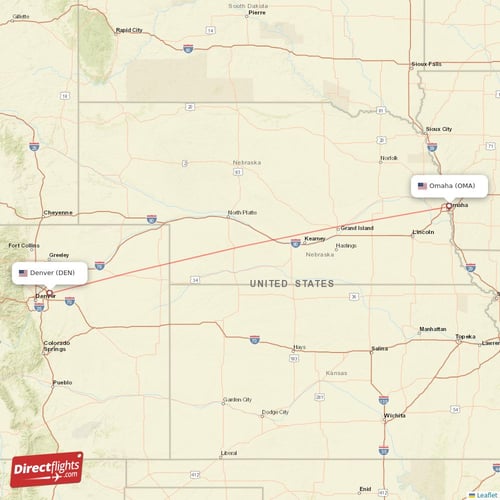 Denver - Omaha direct flight map