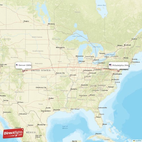 Denver - Philadelphia direct flight map