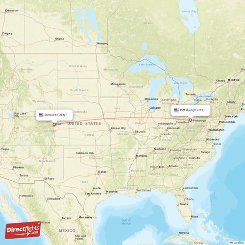 Denver - Pittsburgh direct flight map
