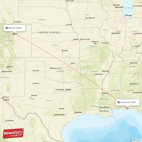 Denver - Pensacola direct flight map