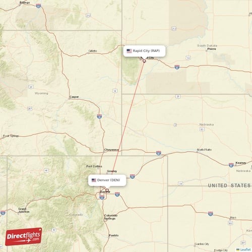 Denver - Rapid City direct flight map