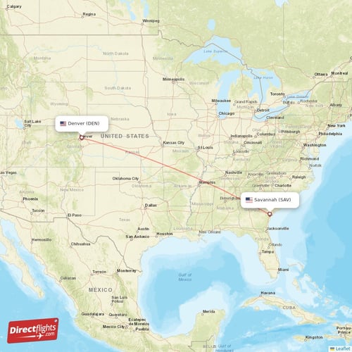 Denver - Savannah direct flight map