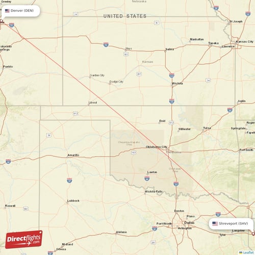 Denver - Shreveport direct flight map