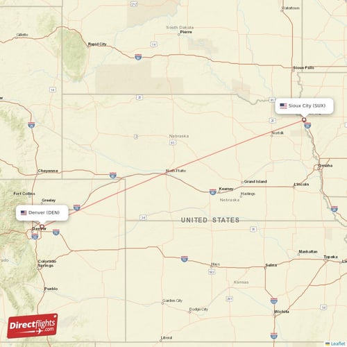 Denver - Sioux City direct flight map