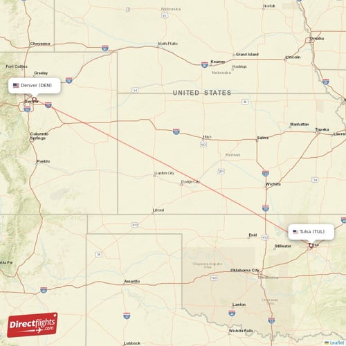 Denver - Tulsa direct flight map