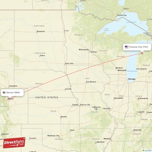 Denver - Traverse City direct flight map
