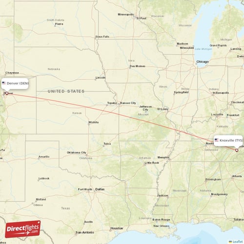 Denver - Knoxville direct flight map