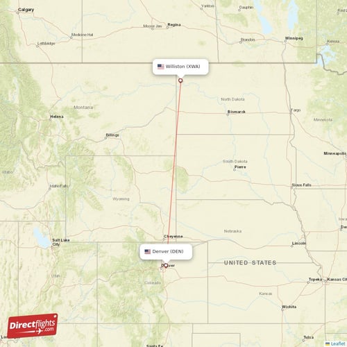 Denver - Williston direct flight map