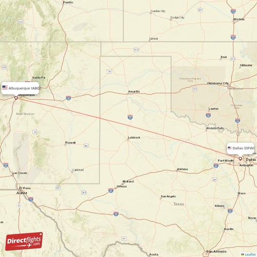 Dallas - Albuquerque direct flight map