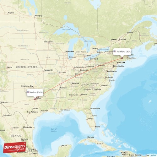 Dallas - Hartford direct flight map