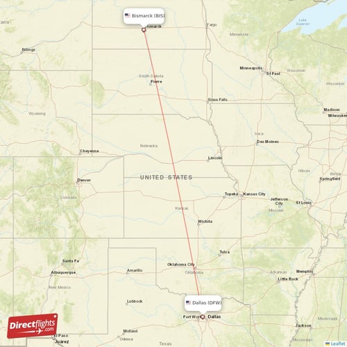 Dallas - Bismarck direct flight map
