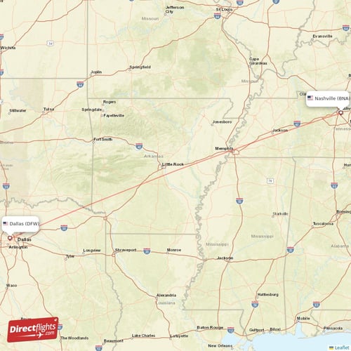 Dallas - Nashville direct flight map