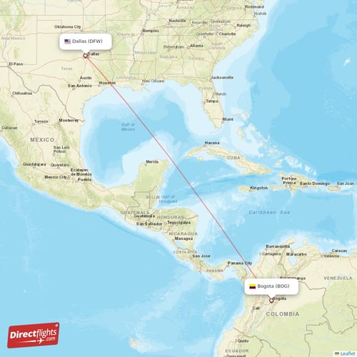 Dallas - Bogota direct flight map