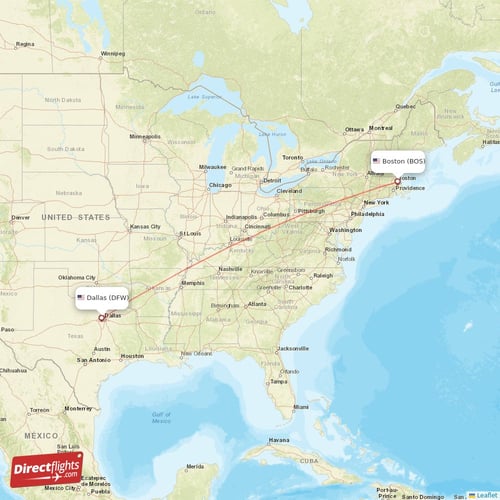 Dallas - Boston direct flight map