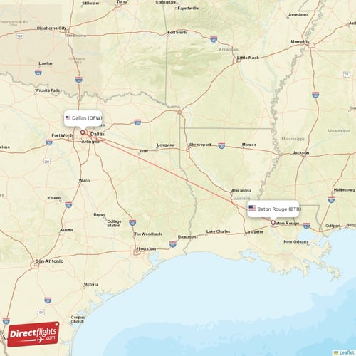 Dallas - Baton Rouge direct flight map