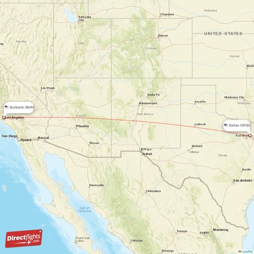 Dallas - Burbank direct flight map