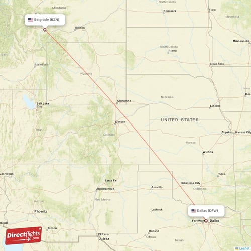 Dallas - Bozeman direct flight map