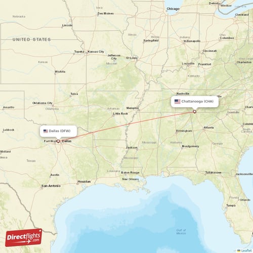 Dallas - Chattanooga direct flight map