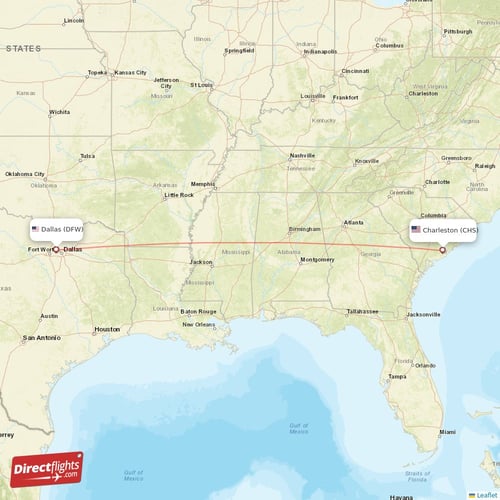 Dallas - Charleston direct flight map