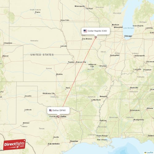 Dallas - Cedar Rapids direct flight map