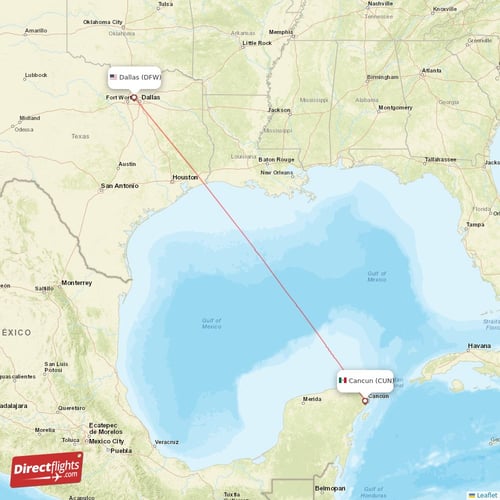 Dallas - Cancun direct flight map