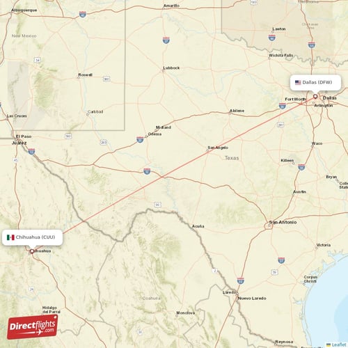 Dallas - Chihuahua direct flight map