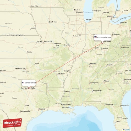 Dallas - Cincinnati direct flight map