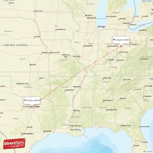 Dallas - Dayton direct flight map