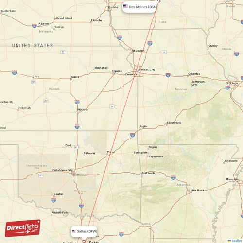 Dallas - Des Moines direct flight map