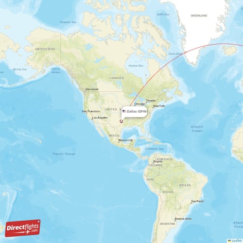 Dallas - Dubai direct flight map